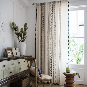 Bohemian black and white geometric print linen curtains with tassels for home windows