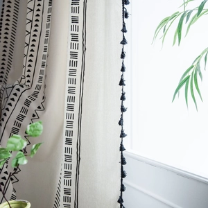 Bohemian cotton linen curtains with black geometric print and handmade tassel trim