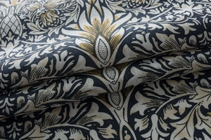 Close-up of vintage floral paisley pattern on thick cotton linen curtain fabric