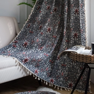 Vintage Morris Style Floral Cotton Linen Curtains Rod Pocket Grommet Hook Semi Blackout Window Treatments Tassels American Rural