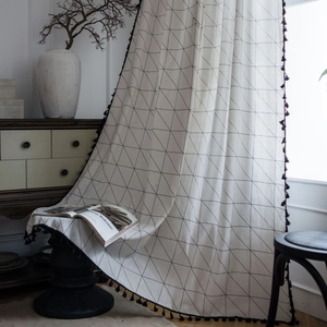 American Style Cotton Linen Geometric Grid Printed Door Curtain With Black Tassel Edge Semi Blackout Kitchen Window Drape