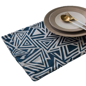 Nordic navy blue jacquard table runner with geometric triangles for dining tables