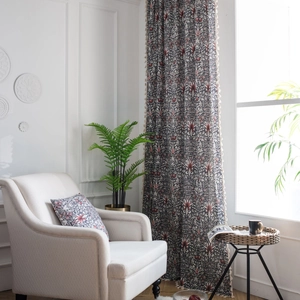 Vintage cotton linen curtain with floral pattern and white tassels for home decor