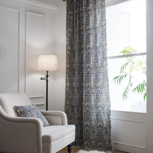Vintage William Morris style cotton linen curtain with floral patterns and tassels