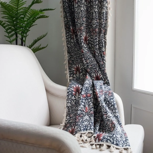 Vintage cotton linen throw with William Morris floral pattern and cream white tassels