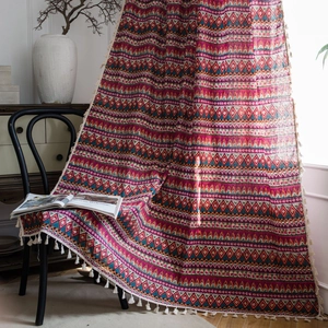 Bohemian Red Geometric Cotton Window Curtain Semi-Blackout Printed Drape With Tassels For Kitchen Living Room Home Decor