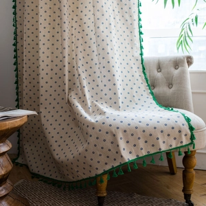 Tenda Pastorale Americana con Stampa a Margherita in Lino di Cotone e Nappine Tasca per Asta Gancio Semi Oscurante Cucina