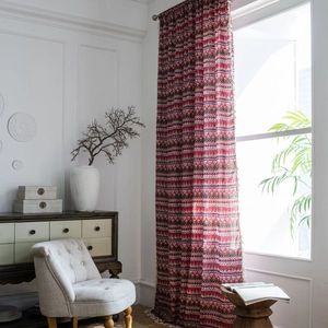 Red Bohemian geometric cotton linen curtain with white tassels for living room decor