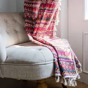 Red Bohemian cotton linen window curtain with ethnic geometric print and white tassels