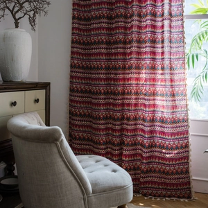 Bohemian red cotton linen curtains with geometric prints and fringe for living room decor