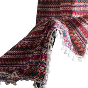 Red Bohemian cotton linen curtain with geometric patterns and white tassels