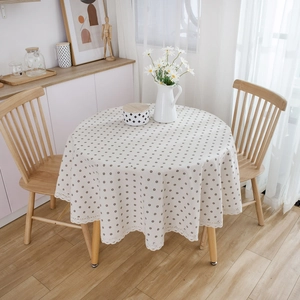 Japanese style daisy print round tablecloth with delicate lace border in cream cotton linen