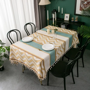 Modern jacquard chenille tablecloth with yellow waves, blue color blocks and white tassels