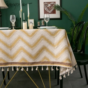 European style chenille jacquard tablecloth with yellow wave pattern and white fringe