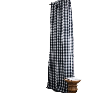 Black and white checkered cotton linen curtains with crochet tassels for home decor