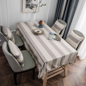 Nordic gray striped tablecloth with matching cushions and elegant fringe tassels