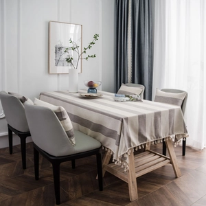 Nordic gray striped tablecloth with tassels and matching chair cushions set
