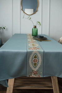 Detailed Morandi blue tablecloth featuring elegant European floral embroidery patterns