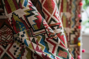 Close-up of Bohemian geometric jacquard fabric with colorful pom-pom fringe detail