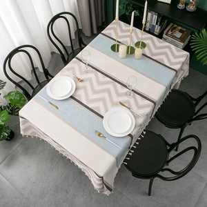 European chenille jacquard tablecloth with striped wave patterns and fringe trim