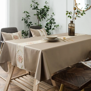 Classic beige rectangle tablecloth with rose floral embroidery for dining table