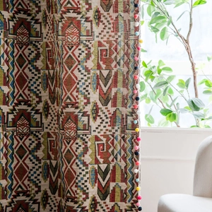 Bohemian geometric curtains with colorful pom-pom edges for kitchen and windows