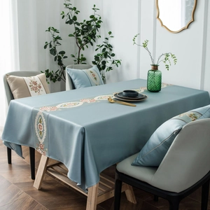 Elegant light blue rectangle tablecloth with floral embroidery and matching cushion set