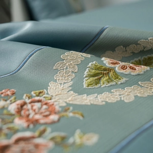 Elegant beige rectangular tablecloth featuring luxury floral embroidery and lace edges