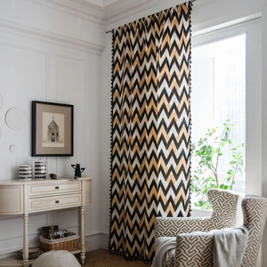 Bohemian cotton linen curtain with black gold chevron print and fringe tassels
