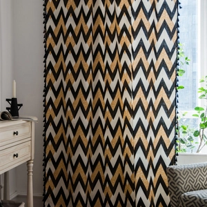 Bohemian cotton linen curtain with black gold wavy patterns and stylish black tassels