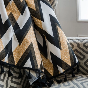 Bohemian cotton linen curtain with black tassels and yellow geometric wave print patterns