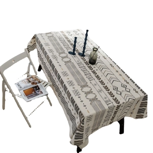 Bohemian geometric printed linen tablecloth in cream with dark patterns for home decor