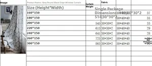 Tableau des tailles pour rideau en coton lin gris indiquant dimensions et poids produits