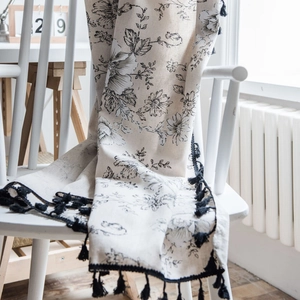 Bohemian floral printed cotton linen curtain with black tassel fringe decoration
