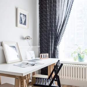 Rideau moderne noir à motif géométrique en coton et lin avec franges pour petites fenêtres