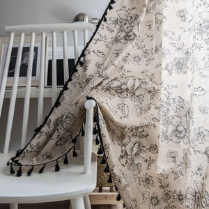 Beige linen curtain with black rose floral print and bohemian tassels for small windows