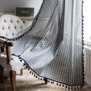 Gray Chevron Cotton Linen Curtains With Black Tassels Semi Blackout Small Kitchen Door Curtains For Living Room Home Decor
