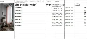 Detailed size chart for pink plaid cotton linen curtains with tassel fringe decorations