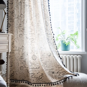 Japanese linen kitchen curtain with vintage script prints and black tassel fringe borders
