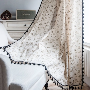 Vintage Cotton Linen Dandelion Printed Curtain With Black Tassels Semi Shading Window Treatment For Living Room Bedroom