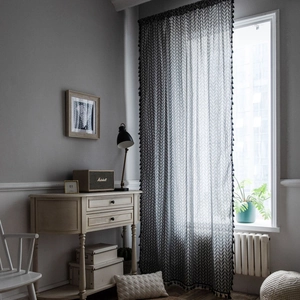 Grey geometric tassel curtains in cotton linen fabric for small windows and kitchen decor