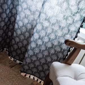 Blue cotton linen curtain with white tree patterns and black tassels for home decor