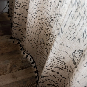 Japanese style linen curtain with black letter print and tassel fringe for small windows