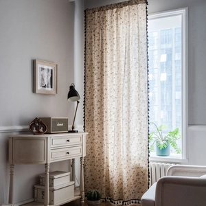 Linen dandelion printed curtain with black tassel fringe and vintage floral pattern