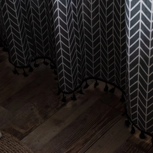 Grey geometric chevron linen curtain with decorative black tassels for kitchen windows