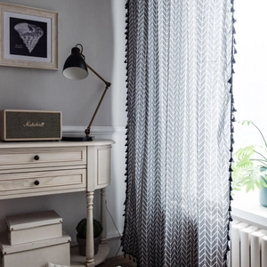 Grey geometric herringbone cotton linen curtain with black tassels for small windows