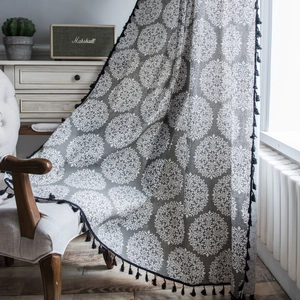 Rideau en Lin de Coton à Imprimé Mandala Gris Vintage Avec Glands Noirs Rideau Semi Occultant Bohème pour Salon Cuisine