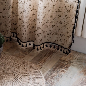 Linen dandelion floral print curtain with black tassels for small windows and kitchens