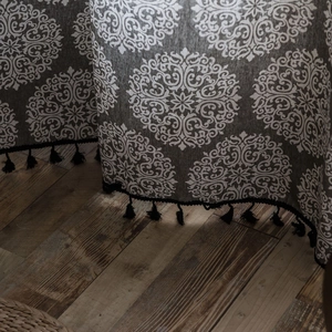 Rideau gris imprimé mandala en coton lin avec pompons noirs pour petites fenêtres et cuisine
