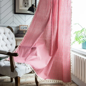 Korean Style Red White Gingham Lattice Window Curtain With Tassel Fringe Semi Shading Cotton Small Kitchen Window Curtains